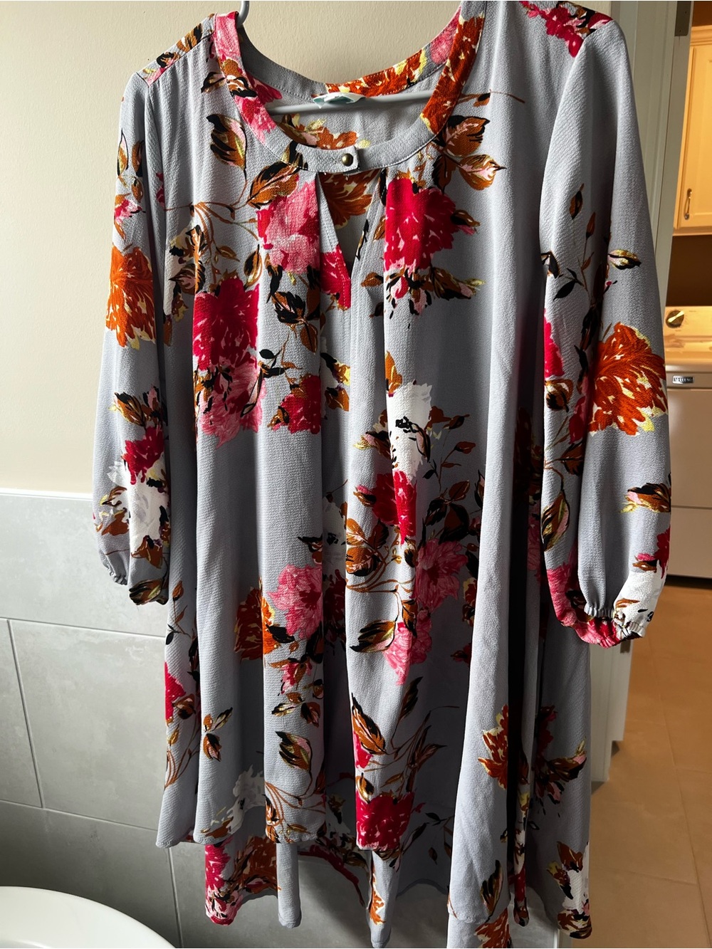 Floral Gray Mini Dress with Pink & Orange Blooms
